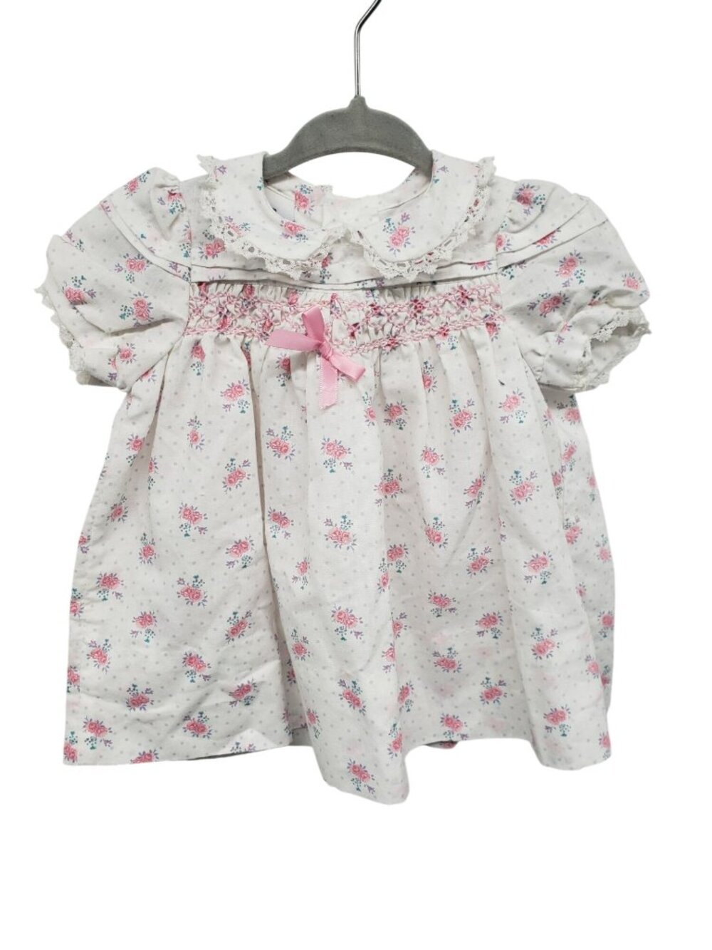 Vintage Polly Flinders 6 Months White Pink Smocked Floral Bow Baby Girl Dress
